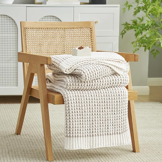 Amélie Home Chenille Waffle Throw Blanket for Couch, Reversible Pineapple Stitch Knit Soft Cozy Knit Blanket Lightweight Warm Decorative Throw for Sofa, Bed, Living Room, 60"x80", Beige&Ivory-Ruum Studio Home
