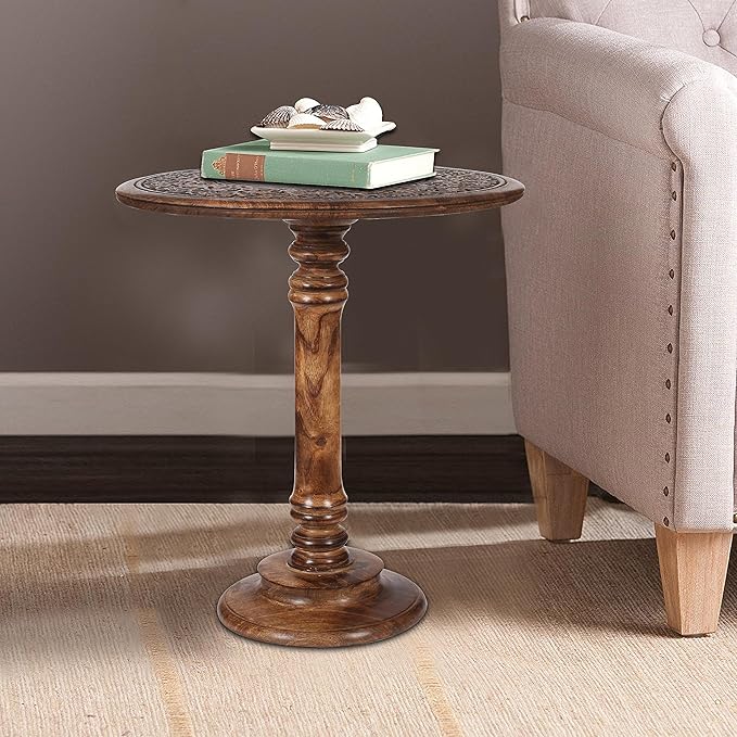 Lightnpro Hand Carved Solid Mango Wood Round Pillar Accent Table - 18" × 22" Rustic Farmhouse Side End Table | VintageRustic Boho Nightstand for Living Room, Bedroom & Entryway-Ruum Studio Home
