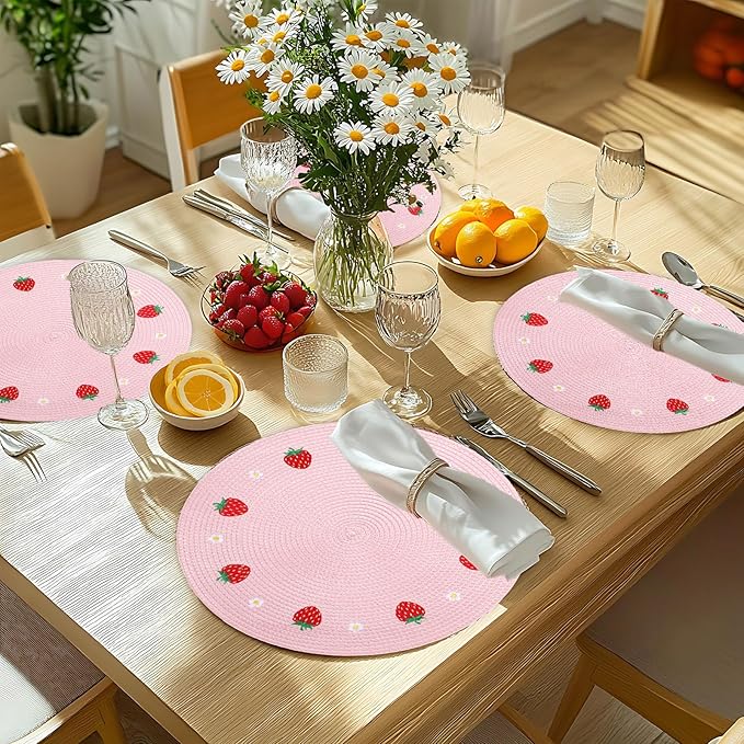 Whaline 4Pcs Round Placemats Daisy Strawberry Embroidered Place Mats Summer Strawberry Dinner Table Mats for Home Wedding Baby Shower Birthday Party Decor-Ruum Studio Home