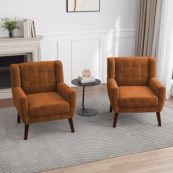 UIXE Accent Chairs Set of 2, Velvet Upholstered Armchair for Living Room, Modern Club Arm Chairs Comfy Single Sofa Button Tufted Bedroom Reading Seat - Orange-Ruum Studio Home
