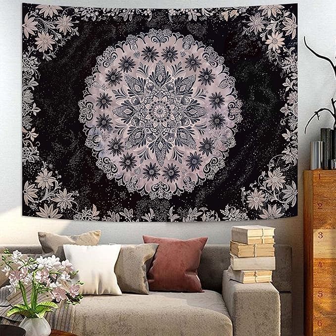Fowocu Boho Floral Mandala Tapestry Wall Hanging Grey Bohemian Flower Medallion Tapestry Aesthetic Gray Black Hippie Indian Small Tapestries for Bedroom Living Room Dorm Decor 48 x 36 Inch-Ruum Studio Home