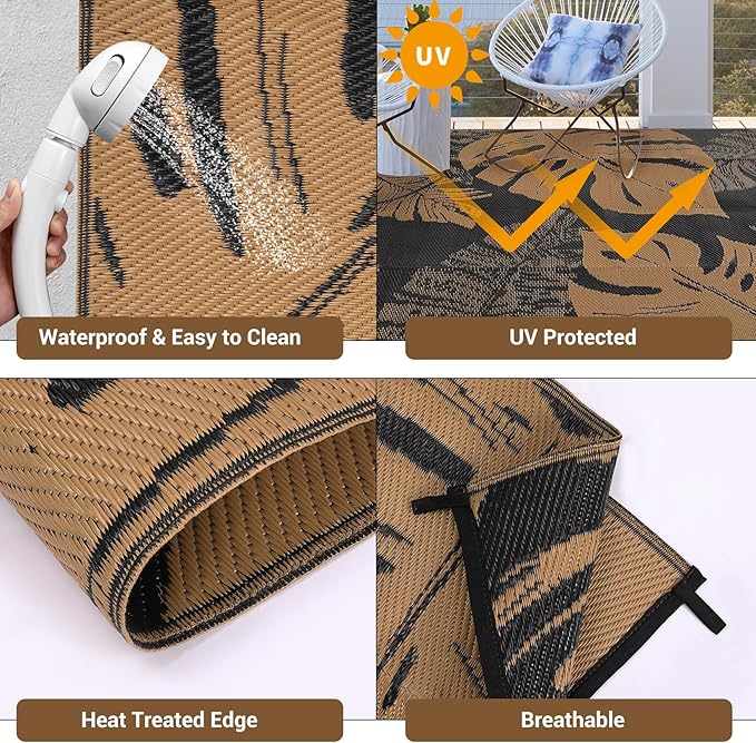 GAOMON Outdoor Patio Rug 9x18 Waterproof Outdoor Plastic Straw Rug Reversible Camping Mat, Foldable Portable RV Picnic Carpet with Bag & 4 Stakes, UV Resistant Outside Carpet for Deck Balcony, Brown-Ruum Studio Home
