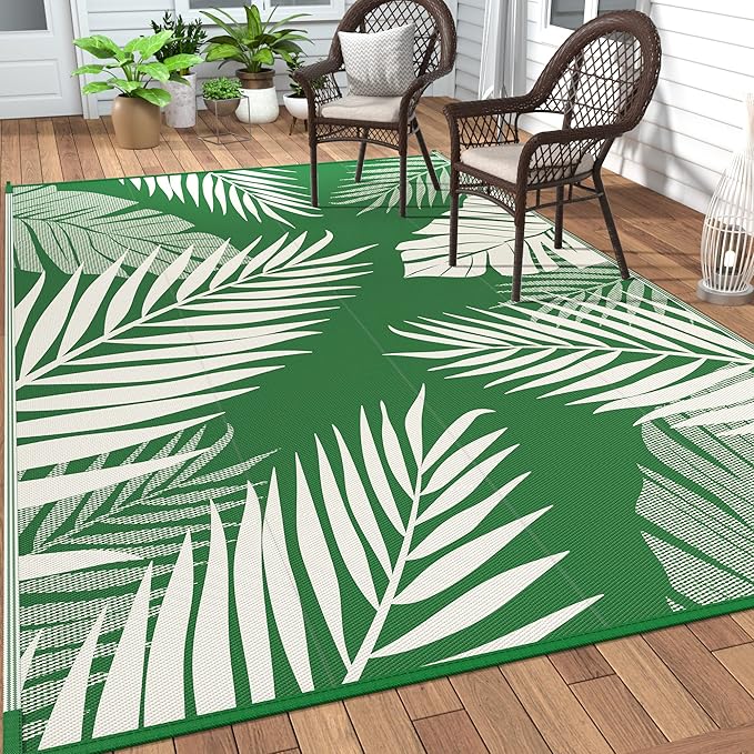 GENIMO Outdoor Rug 6' x 9' Waterproof for Patios Clearance, Reversible Outdoor Plastic Straw Camping Rug Carpet, Large Area Rugs Mats for RV, Picnic, Backyard, Deck, Balcony, Porch, Dark Green&White-Ruum Studio Home