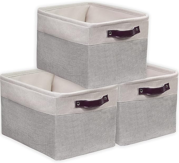 SIMPLE HOUSEWARE Large Fabric Storage Bin, 15" x 11" with Leather Like Handles, 3 Pack, Gray-Ruum Studio Home
