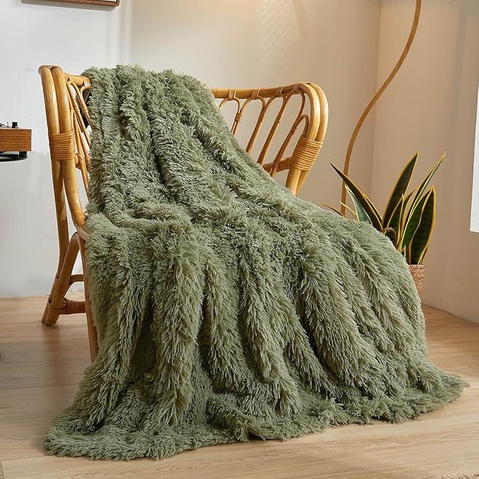 XeGe Luxury Faux Fur Blanket, Sage Green Soft Big Fluffy Throw, Shaggy Plush Decorative Couch Throw, Cute Furry Fuzzy Blanket for Bed Bedroom Living Room Sage Green, 60x90-Ruum Studio Home