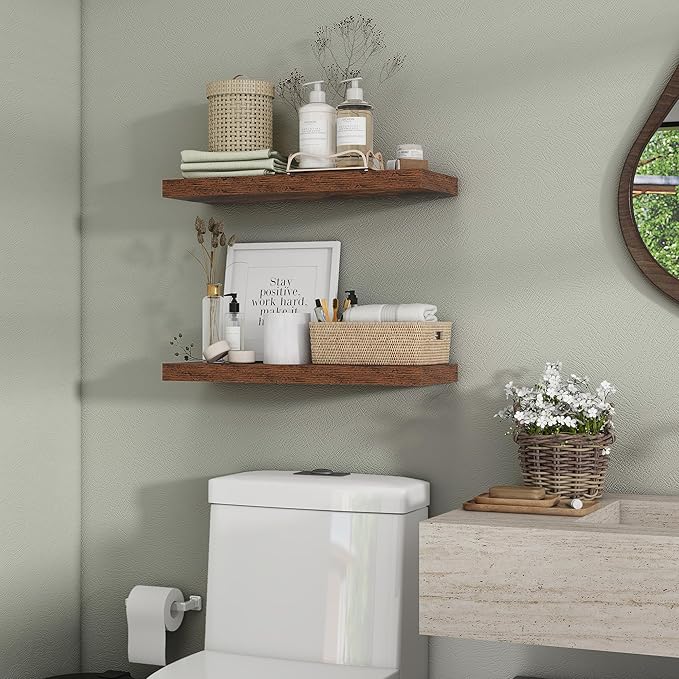 Heimlove 24 inch Floating Shelves for Wall,9.3 inch deep Brown Bathroom Over Toilet Shelf,Wall Mounted Rustic Wood Shelves for,Bedroom,Living Room,Kitchen,Office Decor Set of 2-Brown-Ruum Studio Home