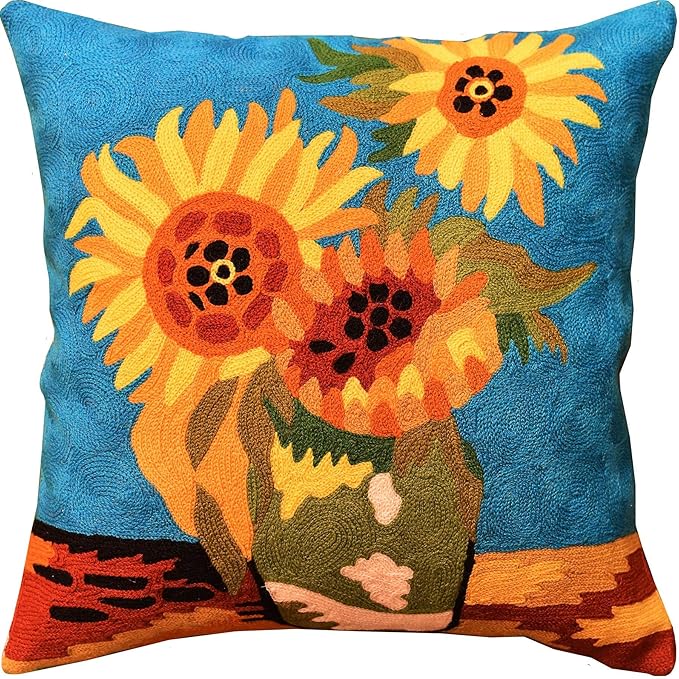 Turquoise Van Gogh Sunflower Pillow Cover Teal Floral Sofa Pillowcase Flower Chair Cushion Accent Throw Flowery Outdoor Pillows Farmhouse Couch Handmade Wool Size 18x18-Ruum Studio Home
