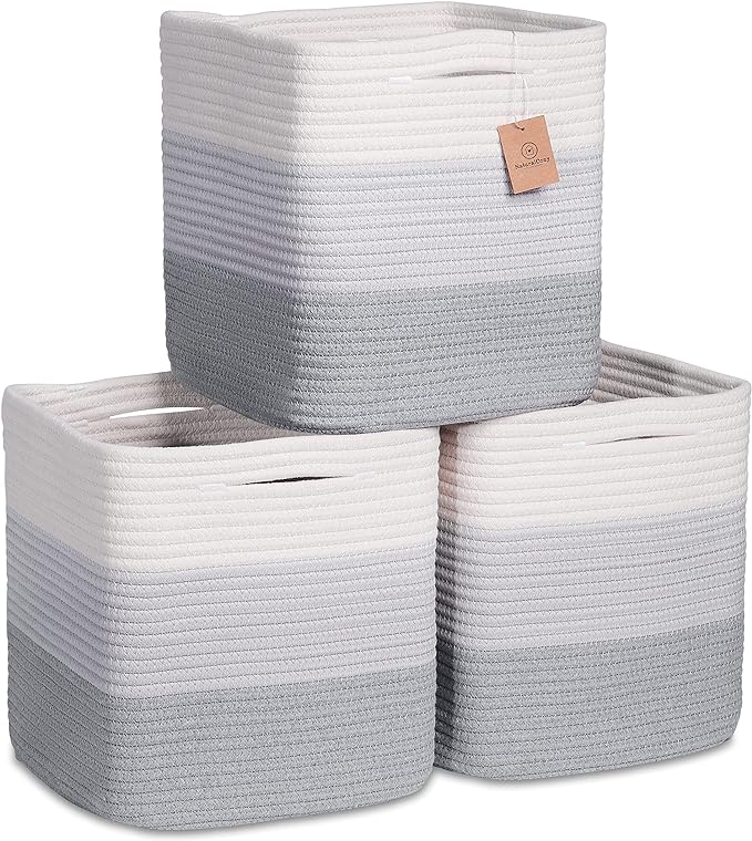 NaturalCozy Storage Cubes 11 Inch Cotton Rope Woven Baskets for Organizing, 3-Pack | Cube Storage Bin | Square Storage Baskets for Shelves Organizer, Classroom, Kids Toy Bins, Closet, Baby Nursery-Ruum Studio Home