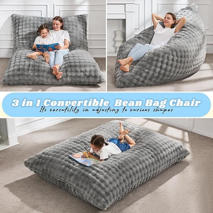 Hobestluk 3 in 1 Bean Bag Chair Giant Bean Bag Chairs for Adults with Bubble Cover Convertible Bean Bag Floor Cushion with Machine Washable Cover for Living Room (Bubble Grey)-Ruum Studio Home
