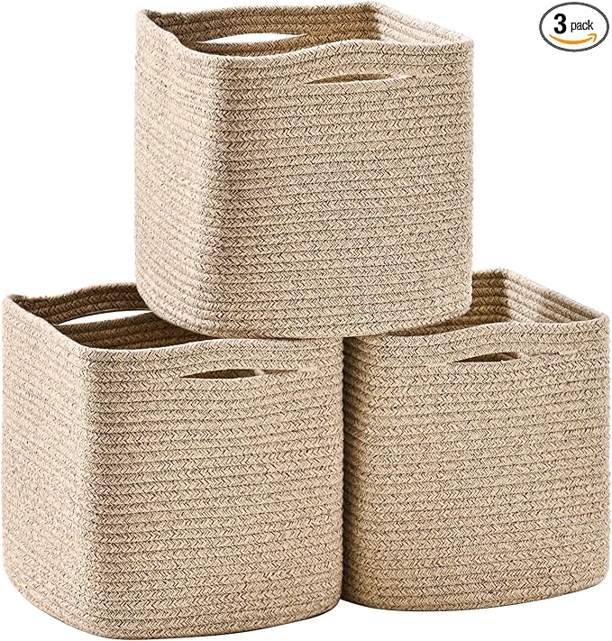 11 Inch Cube Storage Bins, Storage Cube Organizer Bins, Woven Cotton Rope Baskets for Storage, Storage Basket for Organizing Shelves, Square Baskets for Toys Nursery, Brown (Pack of 3)-Ruum Studio Home
