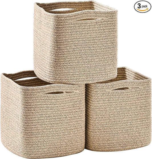 11 Inch Cube Storage Bins, Storage Cube Organizer Bins, Woven Cotton Rope Baskets for Storage, Storage Basket for Organizing Shelves, Square Baskets for Toys Nursery, Brown (Pack of 3)-Ruum Studio Home