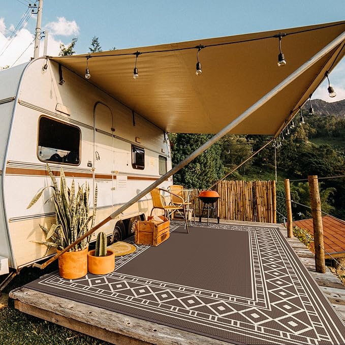 GENIMO Outdoor Rug Waterproof for Patio, 10'x14' Foldable Reversible Plastic Straw Carpet for Travel Trailers, Outside Area Mat for Rv, Deck, Picnic, Porch, Camper, Balcony, Beach, Coffee & Beige-Ruum Studio Home
