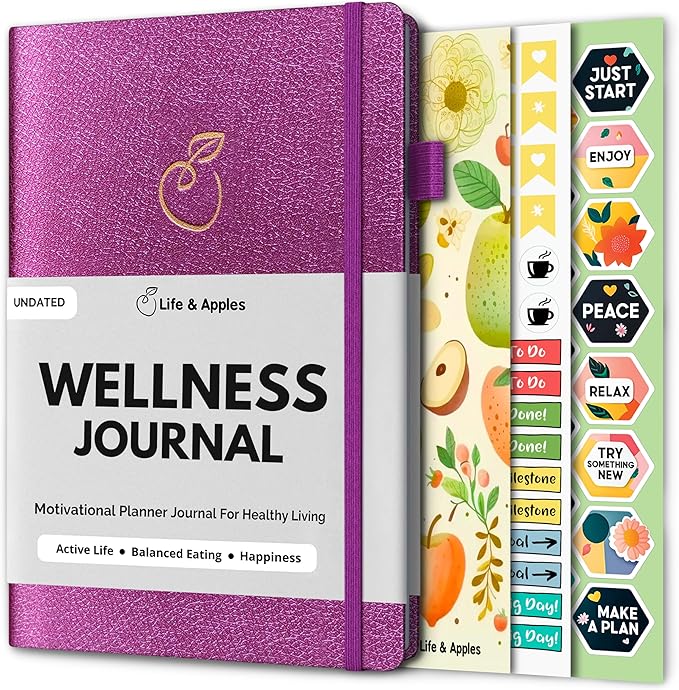 Life & Apples Wellness Journal Planner – Food Log, Fitness Tracker, Habit Tracker, Weight Loss Journal for Diet Tracking and Health Goals, Undated, Size A5 Purple-Ruum Studio Home