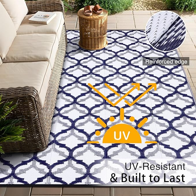 OLANLY Reversible Outdoor Rug 8x10 ft Clearance, Waterproof Outdoor Plastic Straw Rug with Interlacing Pattern, RV Mat for Patio, Camping, Balcony, Deck, Backyard, Navy & White-Ruum Studio Home
