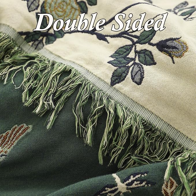 Snycler Boho Throw Blanket for Bed - 100% Cotton Ultra Soft Rustic Quilt Green Hummingbird Printed Farmhouse Decor Bed Blankets,60"×80" All Season Rustic Throw for Sofa Couch Chair-Ruum Studio Home