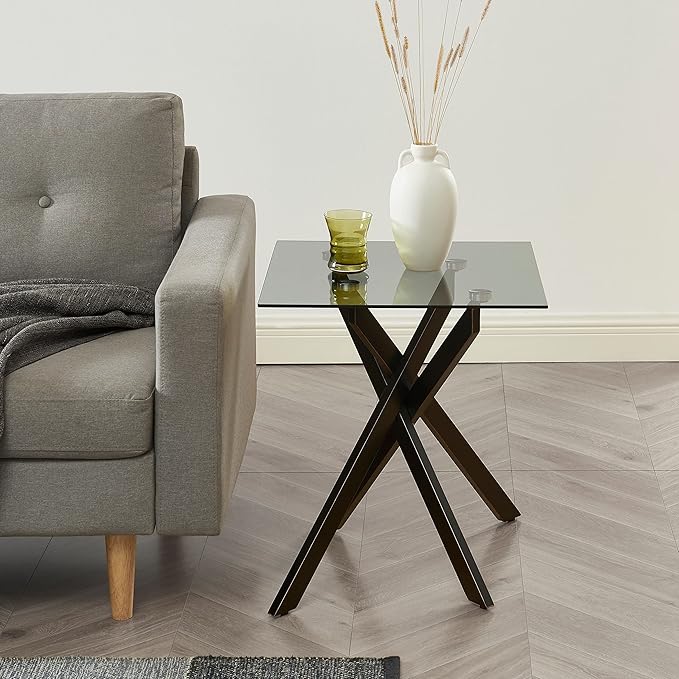Modern Style Square Side Table with Grey Tempered Glass Top and Black Metal Tubular Legs with Gold Rim 20”Dx20”Wx22”H-Ruum Studio Home