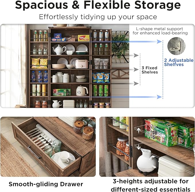 72" Farmhouse Kitchen Pantry Cabinet With Drawer, Tall Storage With 2 Barn Doors and Shelves, Versatile Large Rustic for Dining Room, Bathroom, Living Room, Rustic Brown-Ruum Studio Home
