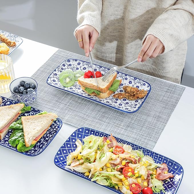 Selamica Ceramic Serving Platters, 14 Inch Serving Trays for Party Entertaining, Large Rectangular Serving Plates for Appetizer, Charcuterie, Dessert, Fruit, Set of 4, Vintage Blue-Ruum Studio Home