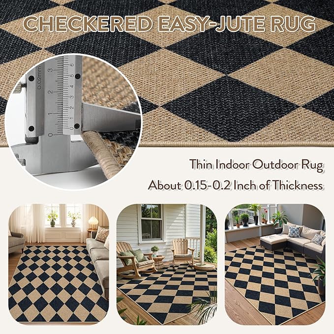 Lahome Checkered Easy Jute 5x7 Area Rugs, Washable Outdoor Patio Rug for Living Room Diamond Indoor Outdoor Carpet, Farmhouse Geometric Non Slip Black Carpet for Backyard Dining Room-Ruum Studio Home
