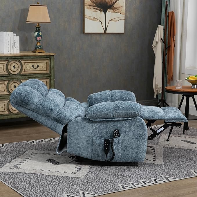 Lay Flat Recliner with Vibration Massage and Lumbar Heating, 26'' Wide Chair with Infinite Position and 2 Remote Controls, Soft Chenille Lift for Living Room, Grayish Blue-Ruum Studio Home