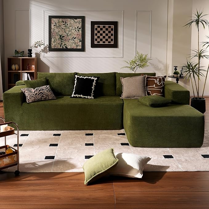 ovios 104" Cloud Sectional Couch with L-Shape Chaise,Modern Modular Sofa with Deep Seat, Upholstered Couches for Living Room Bedroom,No Assembly Required, Green (Cloud Velvet)-Ruum Studio Home
