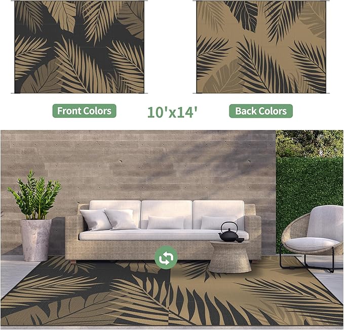 GENIMO Outdoor Rug 10' x 14' Waterproof for Patios Clearance, Reversible Outdoor Plastic Straw Camping Rug Carpet, Large Area Rugs Mats for RV, Camper, Deck, Balcony, Porch, Beach, Picnic, Black&Brown-Ruum Studio Home