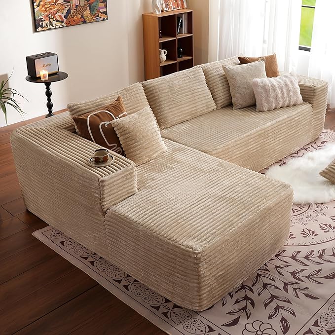 ovios 104" Cloud Sectional Couch with L-Shape Chaise,Modern Modular Sofa with Deep Seat, Upholstered Couches for Living Room Bedroom,No Assembly Required, Beige (Plush Corduroy Fabric)-Ruum Studio Home