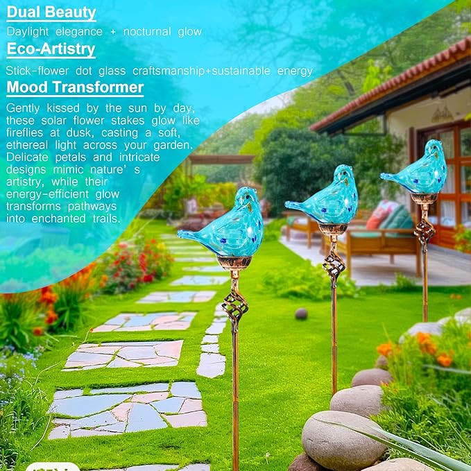 Decorative Solar Lights, Outdoor Solar Bird Stake Lights, Hand Blown Glass Decorative Garden Pathway Lights Outdoor Waterproof Glass Stakes (Light Blue)-Ruum Studio Home