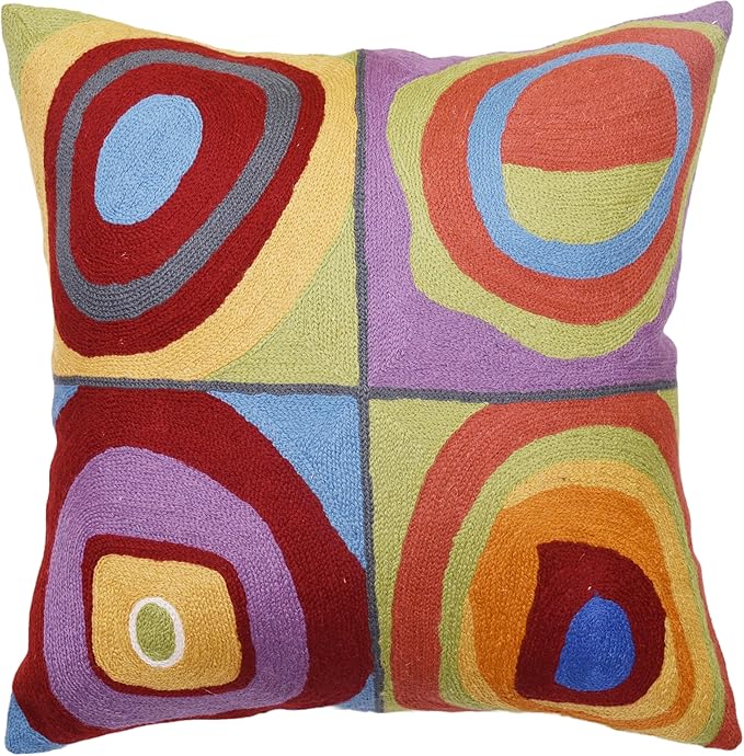 Kandinsky Modern Pillow Cover - Quadrate II | Mid Century Chair Cushions | Abstract Pillows | Contemporary Pillowcase | Modern Accent Pillows | Hand Embroidered Cushion | Wool Size 18x18-Ruum Studio Home