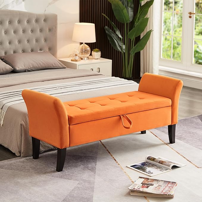 Furniliving 51 Inch Storage Bench for Living Room, Upholstered Bench Ottoman with Velvet Fabric, Modern Entryway Bench with Woodern Legs for Bedroom, Living Room, Shoe Storage & Seating, Orange-Ruum Studio Home