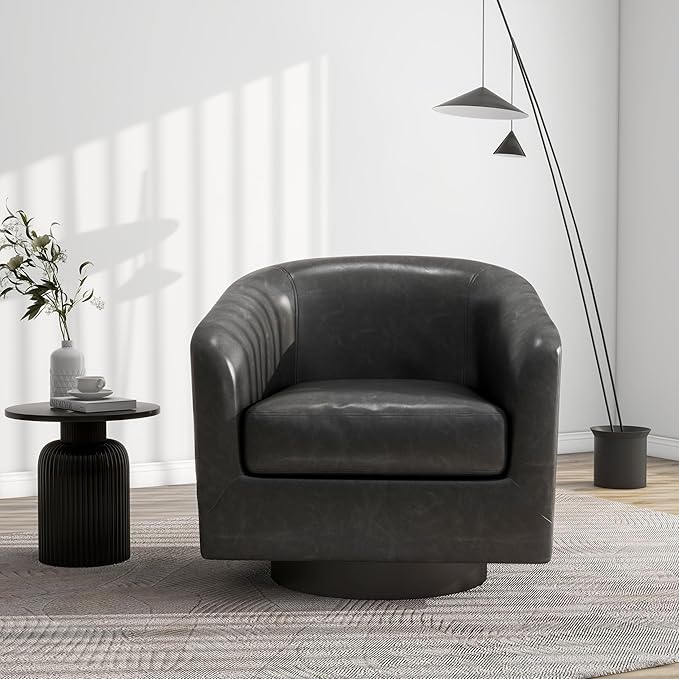 Swivel Barrel Accent Chair, Modern Round Faux Leather Arm Chair for Living Room, Bedroom, Comfy Club Reading Chairs for Adults(Faux Leather, Black Grey, Set of 1)-Ruum Studio Home