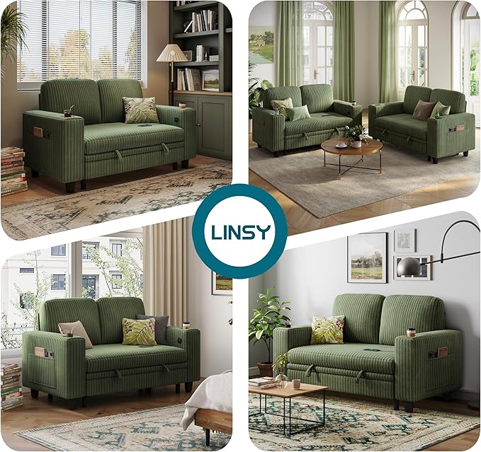 LINSY HOME Loveseat Sofa with Pull Out Couch Chaise: 2-in-1 Convertible 2 Seater Sofa with USB Charging & Cup Holders, Comfy Plush Corduroy Love Seat for Small Spaces Living Room Apartment, Green-Ruum Studio Home