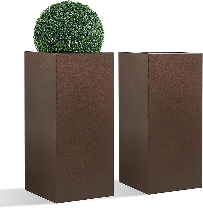 Large Planter for Outdoor Plant 14Lx14Wx30H Inches Metallic Heavy Tall Planter Box for Outdoor & Indoor, Rectangular Flowerpot 25Lbs/PC, Espresso, No Assembly and Seamless, Set of 2-Ruum Studio Home