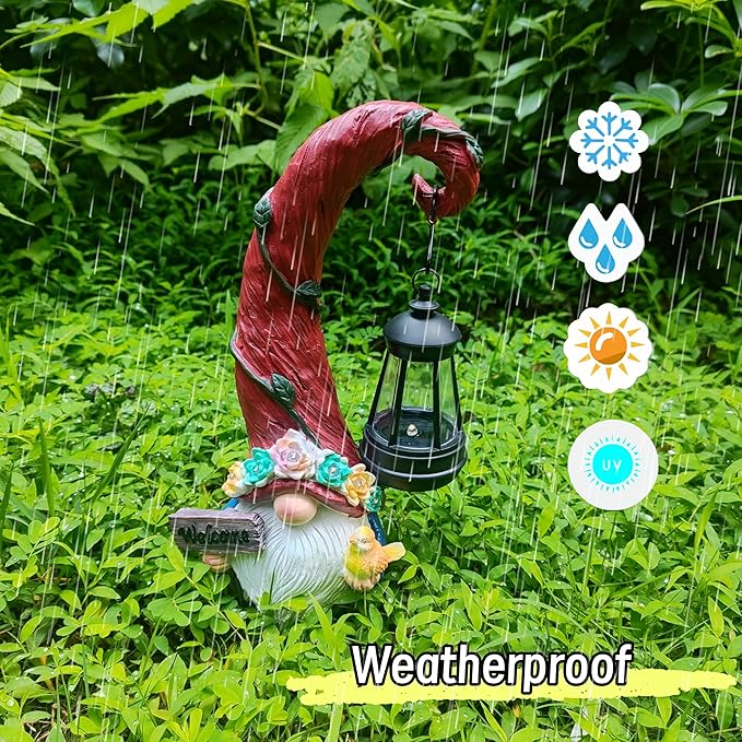 Solar Outdoor Figurine Lights Gnome Garden Decor Statue with LED Flowers & Lantern, Glowing Fairy Yard Decorations for Outside Patio Yard Front Porch, Housewarming Home Decor Gifts Thanksgiving-Ruum Studio Home