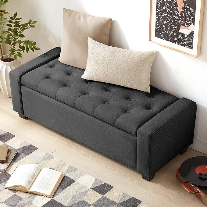 48" Ottoman with Storage, Storage Ottoman Bench with Safety Hinge, Upholstered Entryway Bench with Seating for Bedroom, Living Room, Holds up to 330 lb, Dark Gray-Ruum Studio Home