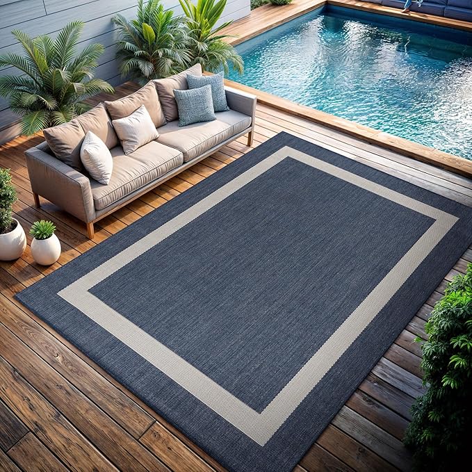 CAMILSON Outdoor Rug 9x12, Large Modern Outside Rugs for Patios Porches Waterproof Durable Washable Non-Shedding, Easy-to-Clean Indoor Outdoor Area Carpet (9 x 12, Bordered - Blue/White)-Ruum Studio Home