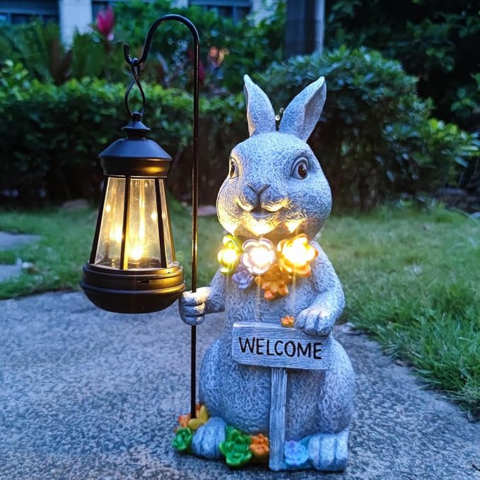 Rabbit Solar Lights Lantern Garden Statues with Succulent and 4 LED Lights - Outdoor Bunny Welcome Figurines Decorations for Patio Yard Lawn Ornaments Gifts for Birthday Easter Housewarming-Ruum Studio Home