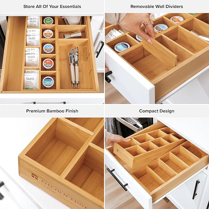 Premium Utensils and Tea Bag Drawer Organizers – 14-Compartment Design with Removable Dividers, Non-Slip Feet, 100% Sustainable Bamboo, 2 Pack-Ruum Studio Home