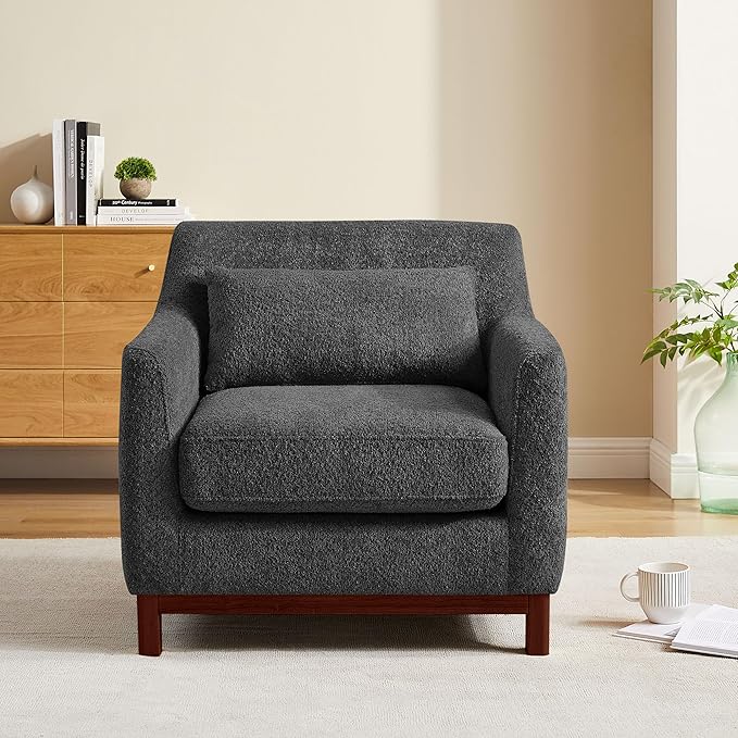 Extra Deep Accent Chair, Comfy Fabric Armchair with Wood Base, Upholstered Single Sofa Chair for Living Room & Bedroom, Boucle Dark Gray-Ruum Studio Home