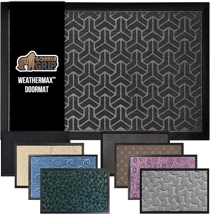 GORILLA GRIP 100% Waterproof All-Season WeatherMax Doormat, Durable Natural Rubber, Stain and Fade Resistant, Low Profile, Indoor Outdoor Door Mats, Easy Clean Entrance Mat, 23x35