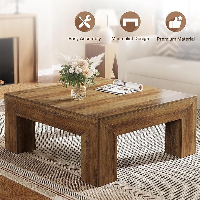Tribesigns 39.4-Inch Square Coffee Table for Living Room, Farmhouse All MDF Accent Center Cocktail Table with Sturdy Wooden Legs, Easy Assembly, Rustic Brown-Ruum Studio Home