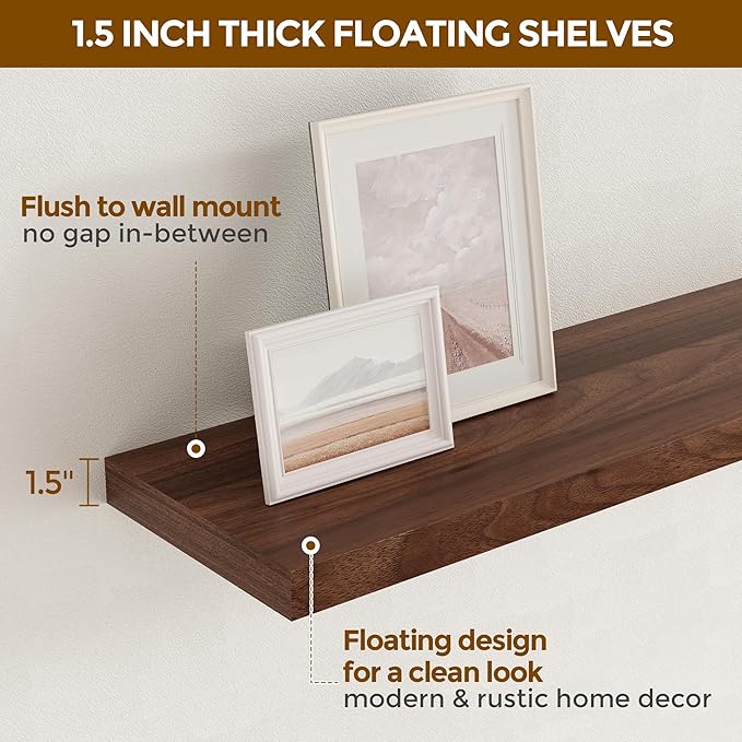 Rustic Wood Floating Shelves 32 Inch Long, 9 Inch Deep Wall Shelves for Home Decor, 32 x 9 Floating Shelf Wall Mounted Set of 2, Deep Floating Shelves for Kitchen, Bedroom, Living Room, Walnut Color-Ruum Studio Home