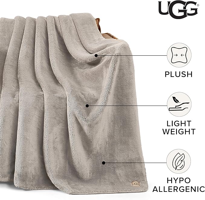 UGG Whitecap Plush Throw Blanket Fleece Lightweight Soft Throw for Couch or Bed Luxury Home Decor for Living Room Washable Hypoallergenic Blankets for Dorm Decor, 50-inch x 70-inch, Light Grey Seal-Ruum Studio Home