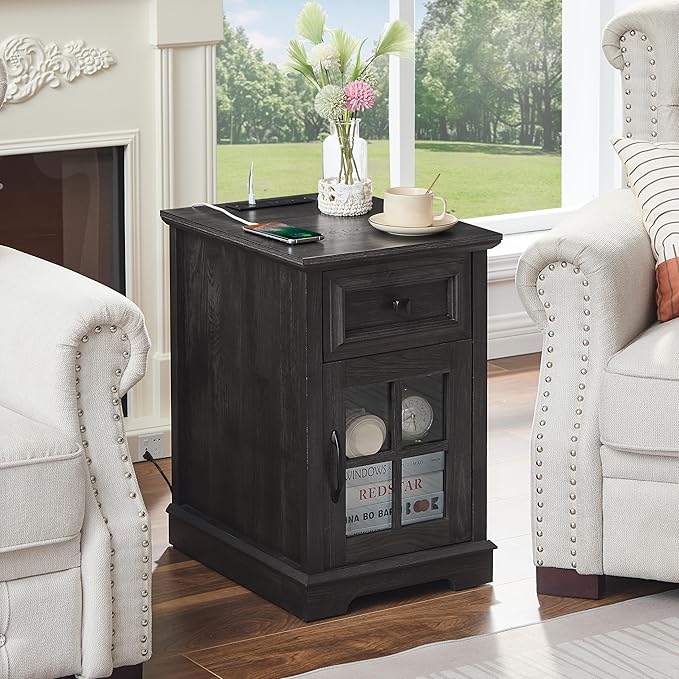 Farmhouse XXL End Table with Charging Station, Side Table with USB Ports and Outlets, Nightstand with Drawer and Glass Door Storage, Grey Bedside Tables for Living Room, Bedroom, Office-Ruum Studio Home