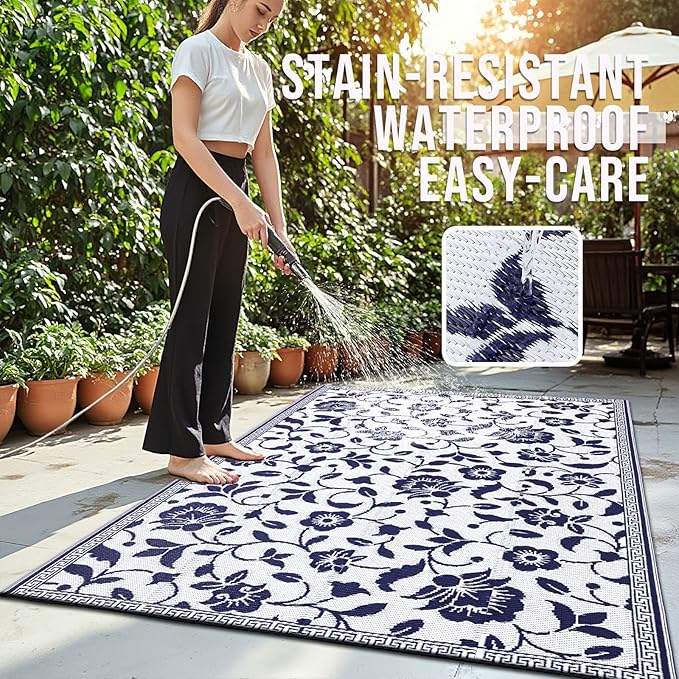 OLANLY Waterproof Outdoor Rug 5x8 ft, Outdoor Plastic Straw Rug with Flower Pattern, Reversible RV Mat for Patio, Camping, Balcony, Deck, Backyard, Navy & White-Ruum Studio Home