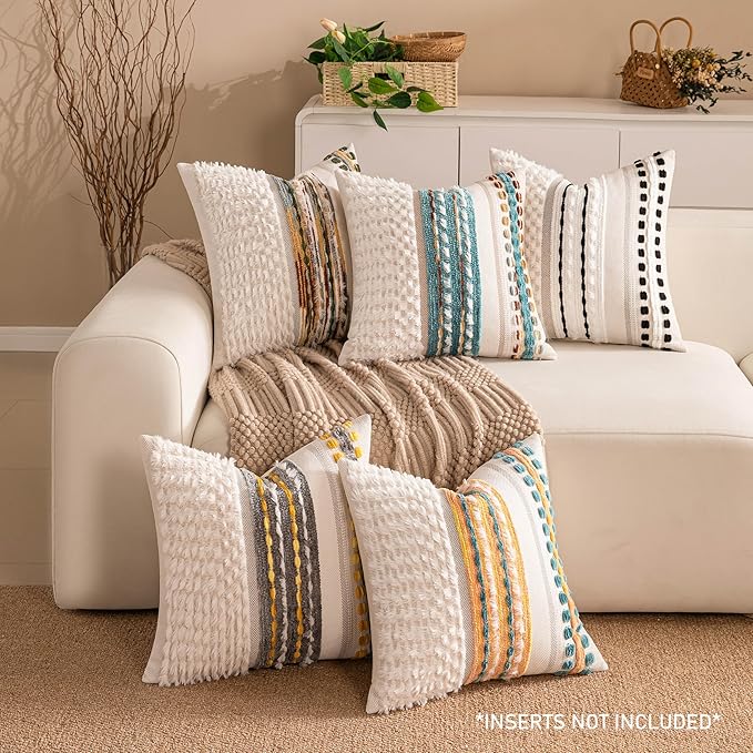 Boho Chenille Tufted Couch Throw Pillow Covers 18x18 Inch Set of 2 Farmhouse Striped Decorative Pillow Covers Accent Neutral Pillowcase Black Cushion Cover for Living Room Sofa Bed-Ruum Studio Home