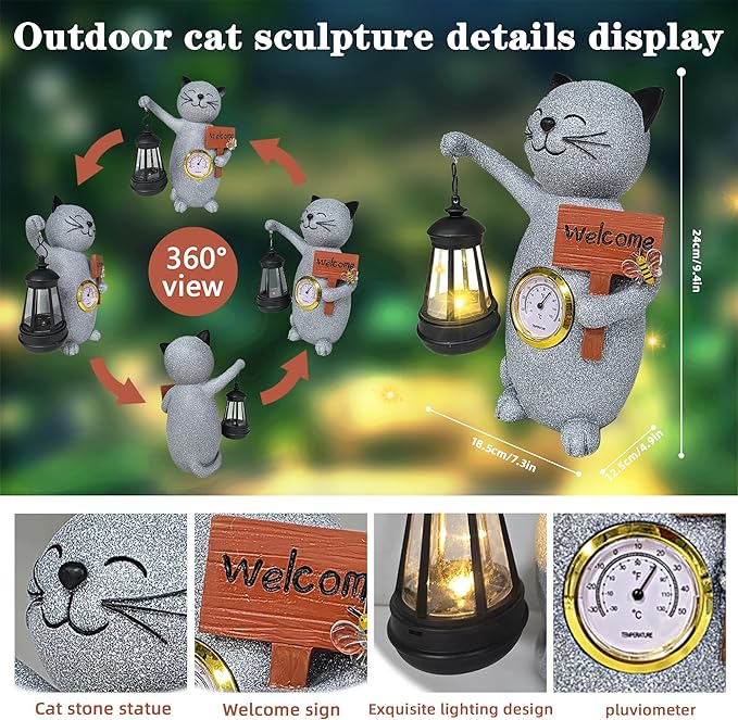 Solar Cat Outdoor Statues for Garden-Creative Thermometer-Lantern-Welcome Sign, Suitable for Yard Art, Lawn Ornaments, Porch, Terrace, Alcove, Home, House Outdoor, Cat Garden Decoration-Ruum Studio Home