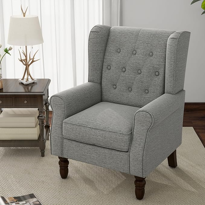 Accent Chair, Upholstered Armchair with Button Tufted High Back & Solid Wood Legs, Comfy Wingback Reading Single Sofa Chair for Small Spaces, Living Room, Bedroom (Light Grey, Set of 1)-Ruum Studio Home
