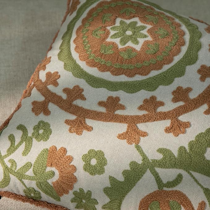 Embroidered Mandala Floral Vintage Indian Cotton Decorative Embroidery Throw Pillow Covers, Fringes Lace Cushion Cover, Pillow Case for Sofa Couch Bed Chair 18" x 18"-Ruum Studio Home