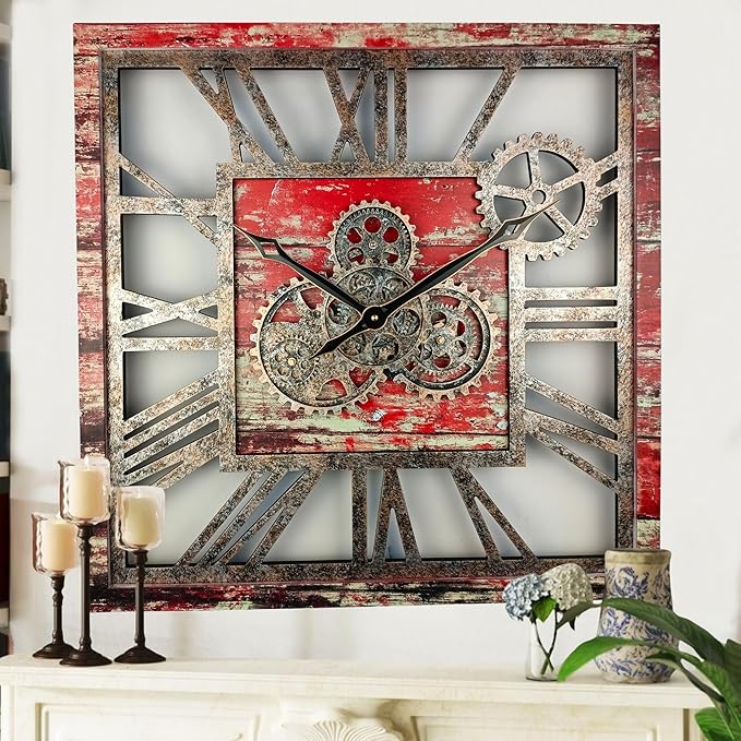 The Gears Clock 24'' Inch Square Real Moving Gear Wall Clock Vintage Industrial Oversized Rustic Farmhouse (Red Lava)-Ruum Studio Home